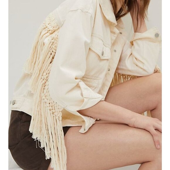 Blanknyc Cream Rope Fringe Macrame Denim Trucker Jacket S Boho Festival Grunge - Picture 1 of 10
